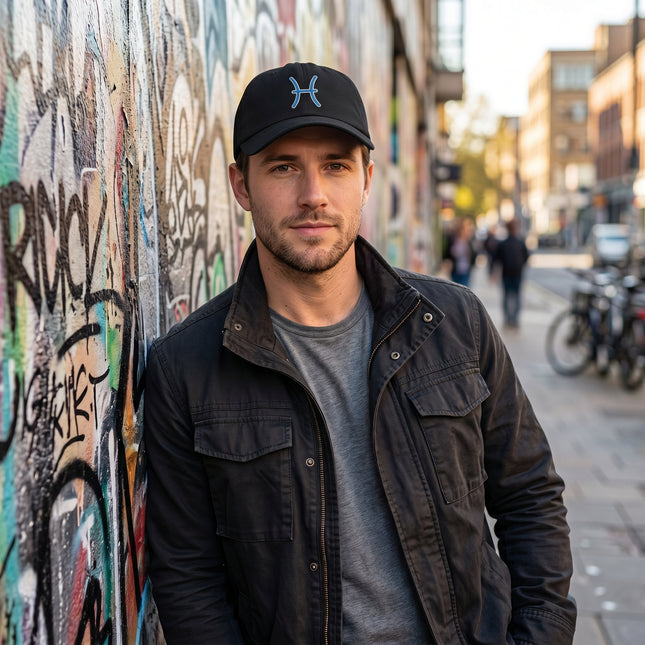 Black baseball cap with blue embroidered Pisces zodiac symbol.