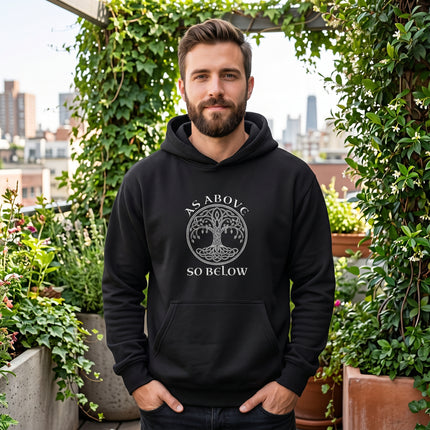 Black hoodie featuring a Celtic Tree of Life graphic and "As Above So Below" spiritual text.