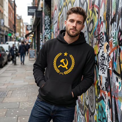 Black pullover hoodie featuring a gold laurel wreath surrounding the hammer and sickle emblem.