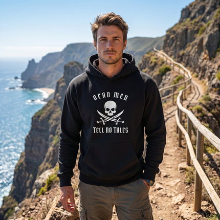 Dead Men Tell No Tales pirate skull and swords graphic hoodie.