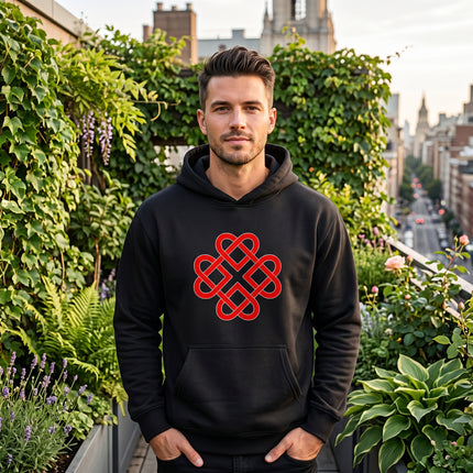 Black hoodie with red Celtic knot heart symbol. Unisex graphic pullover.