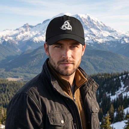 Black baseball cap with embroidered Viking Triple Horn of Odin symbol.