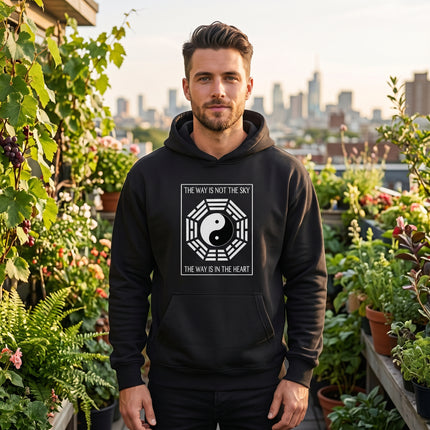 Black hoodie featuring the Yin Yang symbol and "The Way Is In The Heart" Taoist philosophy graphic.