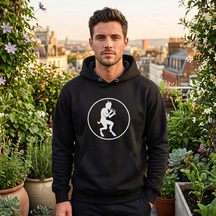 Pan Satyr flute graphic on black unisex hoodie, featuring Greek mythology apparel.