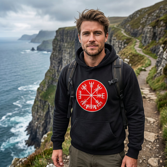 Norse Vegvisir rune compass graphic on a black Viking hoodie.
