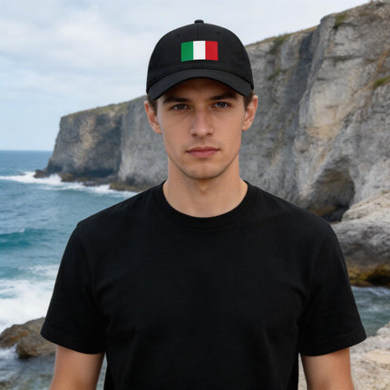 Black baseball cap featuring the Italian flag (Tricolore) design.