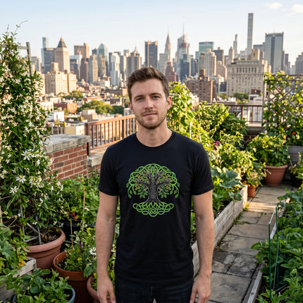 Black T-shirt featuring a green Celtic Tree of Life Yggdrasil knotwork graphic.