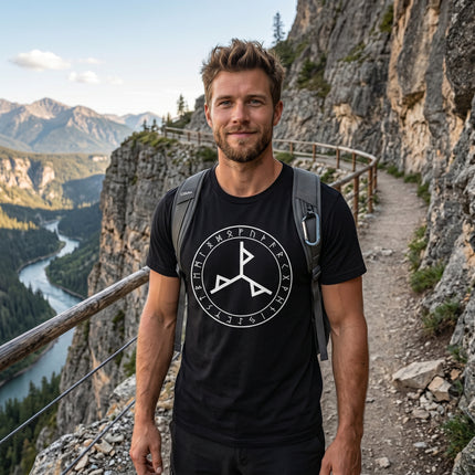 Black t-shirt featuring a Norse bind rune graphic design with ancient Viking runes.