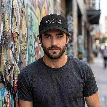 Black embroidered moon phases baseball cap featuring the lunar cycle design.