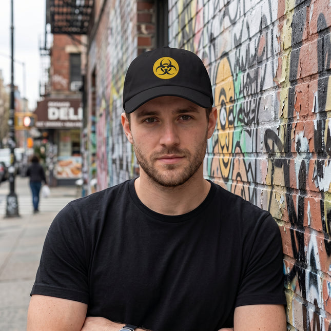 Black baseball cap with yellow embroidered biohazard warning symbol. Streetwear graphic design.