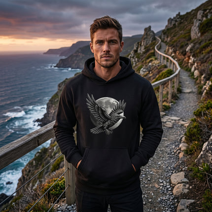 Raven and moon celestial graphic on black pullover hoodie.