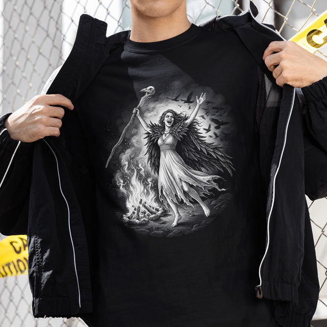 The Morrigan Witch T-Shirt | Celtic Goddess Raven Bonfire Ritual Tee
