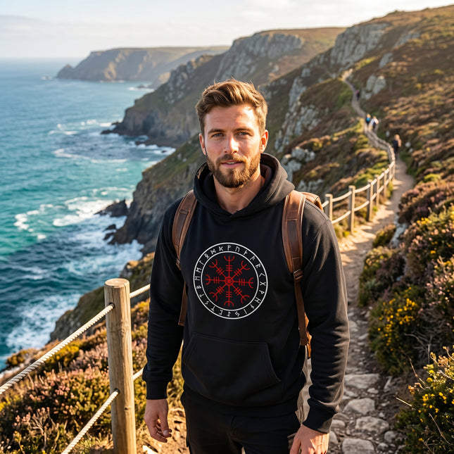Black hoodie featuring the Aegishjalmur Norse rune symbol design. Viking mythology pullover.
