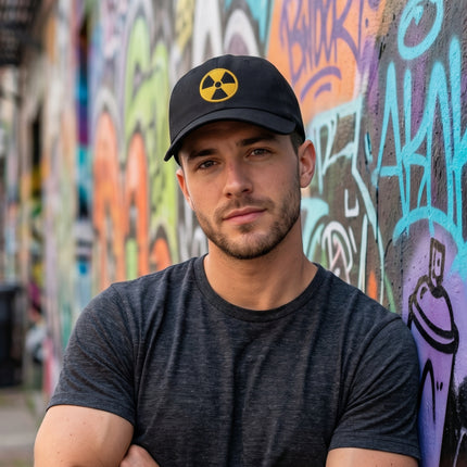 Black baseball cap featuring a yellow radioactive symbol embroidery.