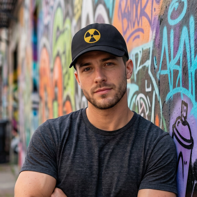 Black baseball cap featuring a yellow radioactive symbol embroidery.