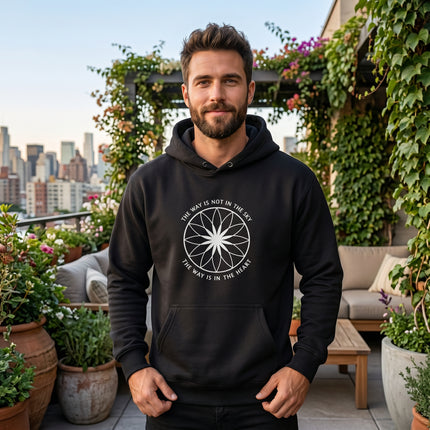 Black hoodie featuring a mandala graphic and the spiritual phrase, "The Way Is In The Heart.