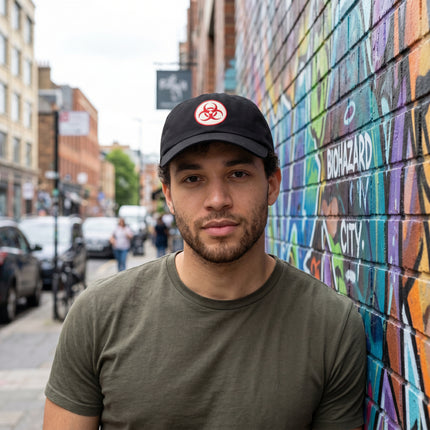 Black baseball cap with red embroidered biohazard symbol.