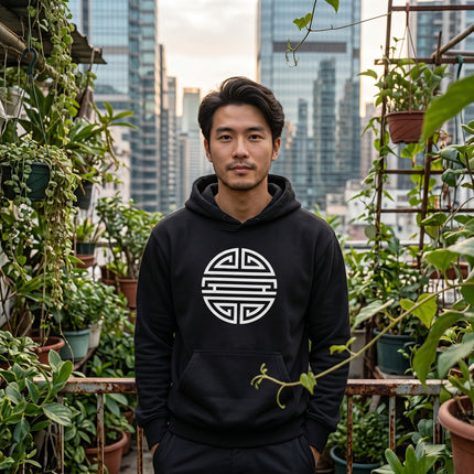 Black graphic hoodie featuring the Chinese Shou longevity symbol. Unisex pullover fleece.