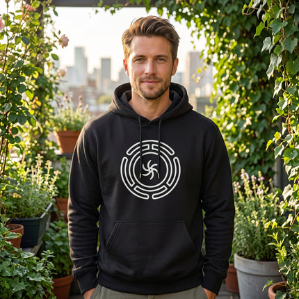 Black hoodie featuring the Hekate's Wheel symbol, representing Greek Goddess magic and wisdom.