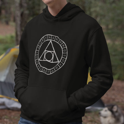 Philosopher's Stone alchemy symbol on a black pullover hoodie.