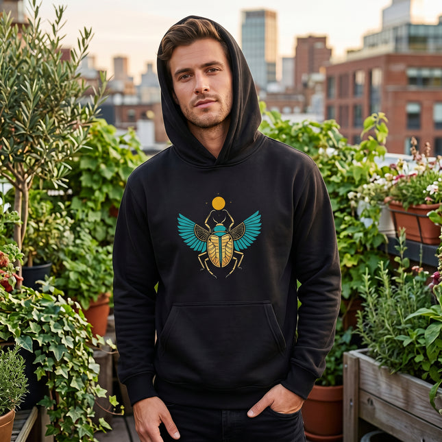 Egyptian Scarab Beetle Khepri sun god graphic on a black pullover hoodie.