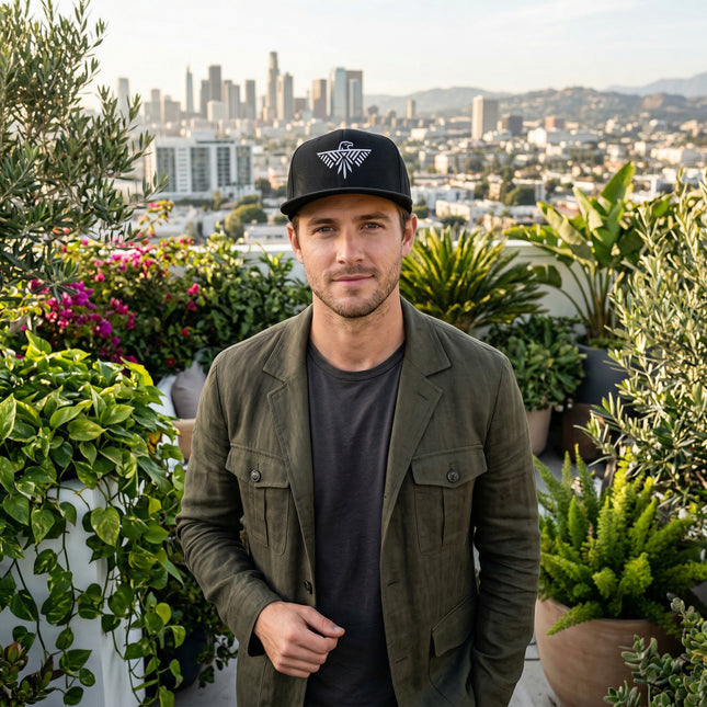 Geometric embroidered Thunderbird snapback hat in black.