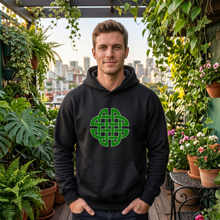 Green Celtic knot graphic on a black unisex hoodie.