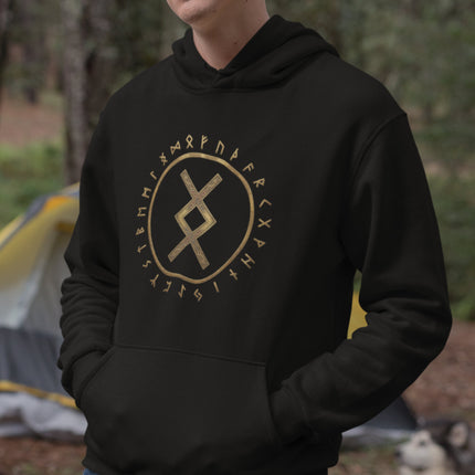 Norse Futhark and Inguz Rune graphic on a black pullover hoodie.
