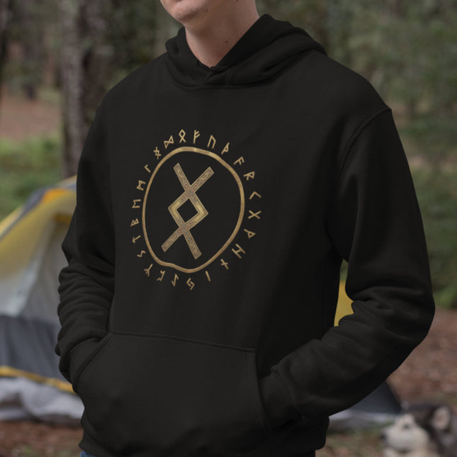 Norse Futhark and Inguz Rune graphic on a black pullover hoodie.