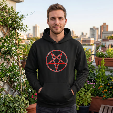 Red pentagram symbol graphic on a black occult streetwear hoodie.