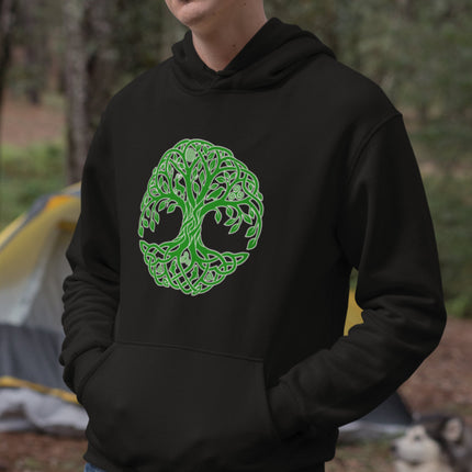 Green Celtic Tree of Life knotwork design on a black pullover hoodie.