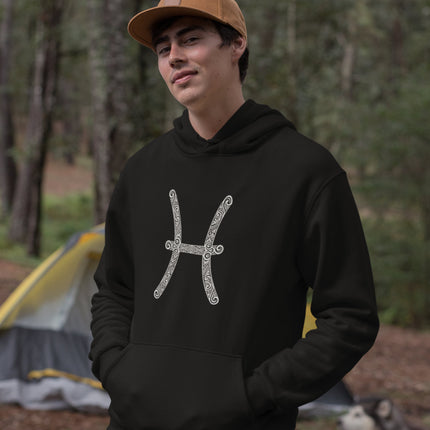 Black astrology hoodie featuring an ornate Pisces zodiac symbol.