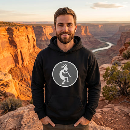 Kokopelli flute player silhouette graphic on a black unisex hoodie.