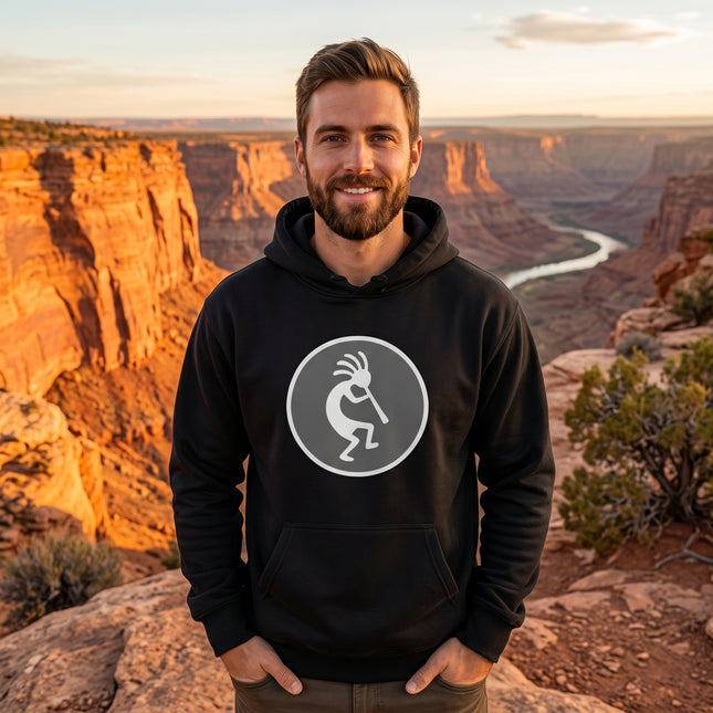 Kokopelli flute player silhouette graphic on a black unisex hoodie.