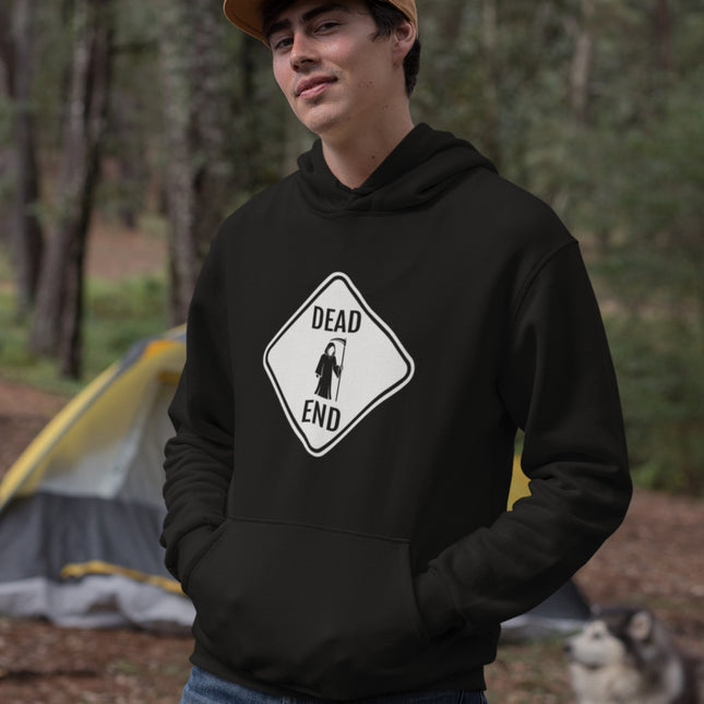 Dead End Grim Reaper Sign Hoodie | Death Scythe Graphic Unisex Pullover Hoodie