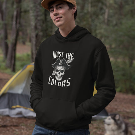 Pirate skull tricorn hat graphic hoodie featuring "Hoist The Colors" text.