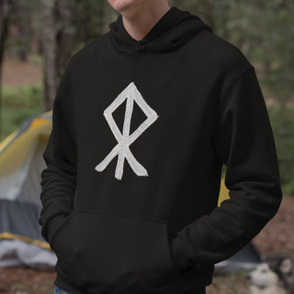 Black hoodie featuring the white Algiz Rune, a Norse symbol of protection and strength.