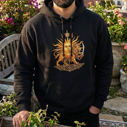 Black hoodie featuring the Lion and Sun (Shir-o-Khorshid) Persian symbol graphic.
