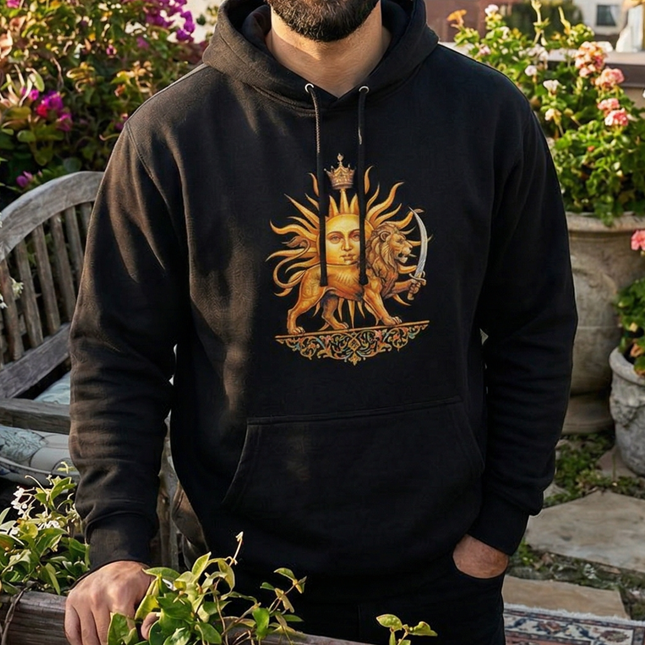 Black hoodie featuring the Lion and Sun (Shir-o-Khorshid) Persian symbol graphic.