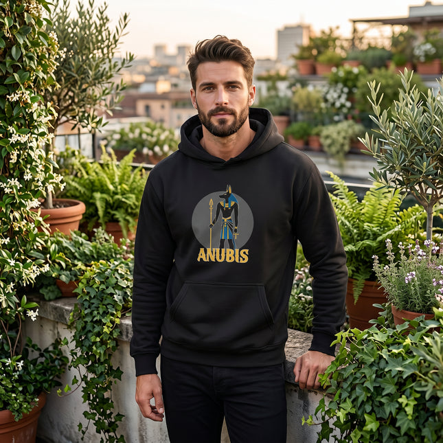 Anubis Egyptian god graphic on a black pullover hoodie. Features the jackal god of Egyptian mythology.