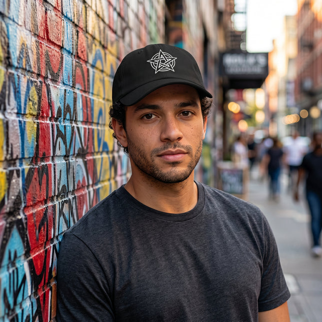 Black dad hat featuring embroidered pentagram symbol.