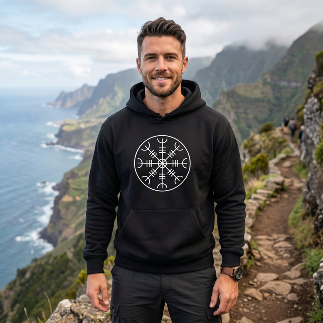 Aegishjalmur Norse symbol graphic on a black Viking hoodie.