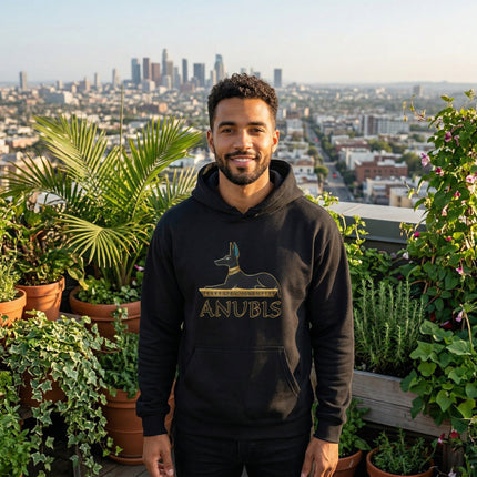 Black Anubis hoodie featuring the Egyptian jackal god graphic.