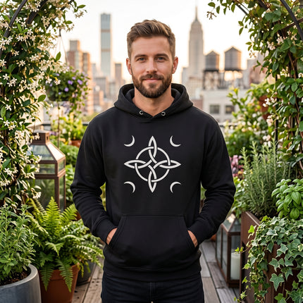 Black unisex hoodie featuring a white witch's knot and crescent moon graphic.