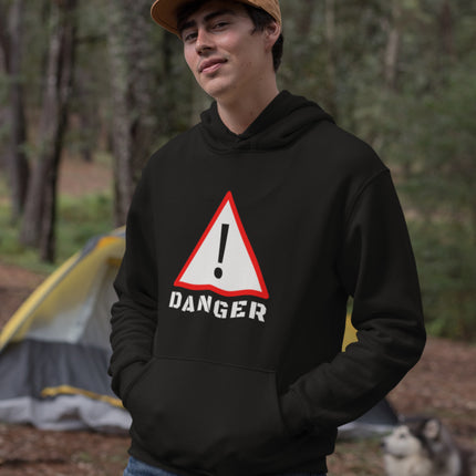 Red triangular exclamation point warning sign graphic on pullover hoodie.