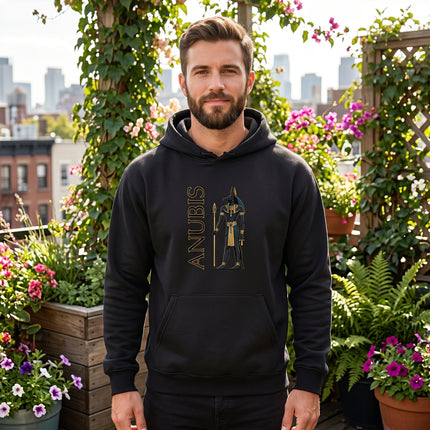 Black Anubis Egyptian god hoodie featuring gold graphic and "ANUBIS" text.