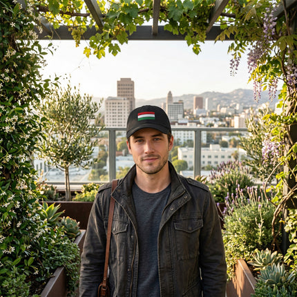 Black baseball cap featuring the embroidered Hungarian flag for national pride.