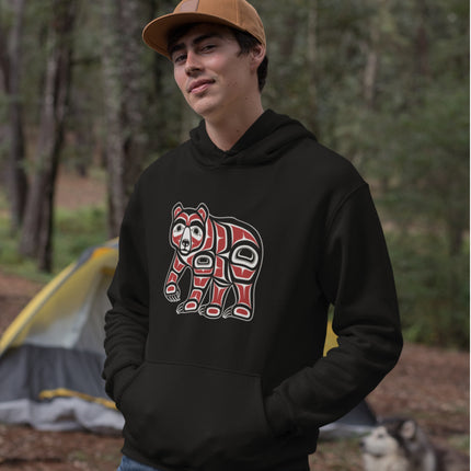 Pacific Northwest Indigenous bear formline art graphic on a hoodie.