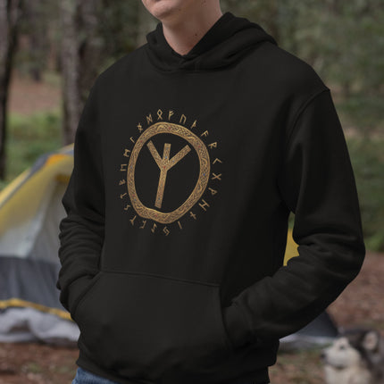 Norse Algiz rune and Elder Futhark circle design on a black unisex hoodie.