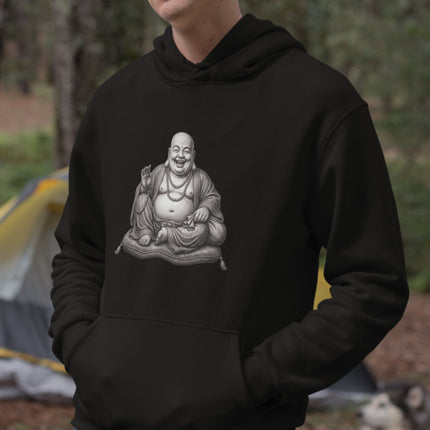Laughing Buddha (Budai) drawing, seated and smiling, symbolizing good luck, joy, and zen energy.